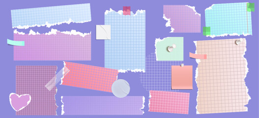 Torn paper sheet set - square grid colored notebook page pieces with rough ripped edges. Scrapbooking supplies, realistic note scraps with uneven borders. School diary elements and memo stickers.