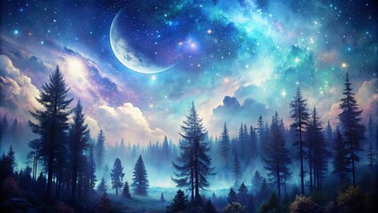 Fototapeta premium Enchanting Double Exposure Mystical Forest Meets Celestial Night Sky A Surreal Fusion of Nature and Cosmos