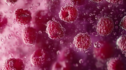 Fototapeta premium Overhead view of fresh raspberries with water droplets, close-up detail