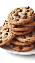 Naklejka premium Freshly baked chocolate chip cookies stacked on a plate in soft lighting