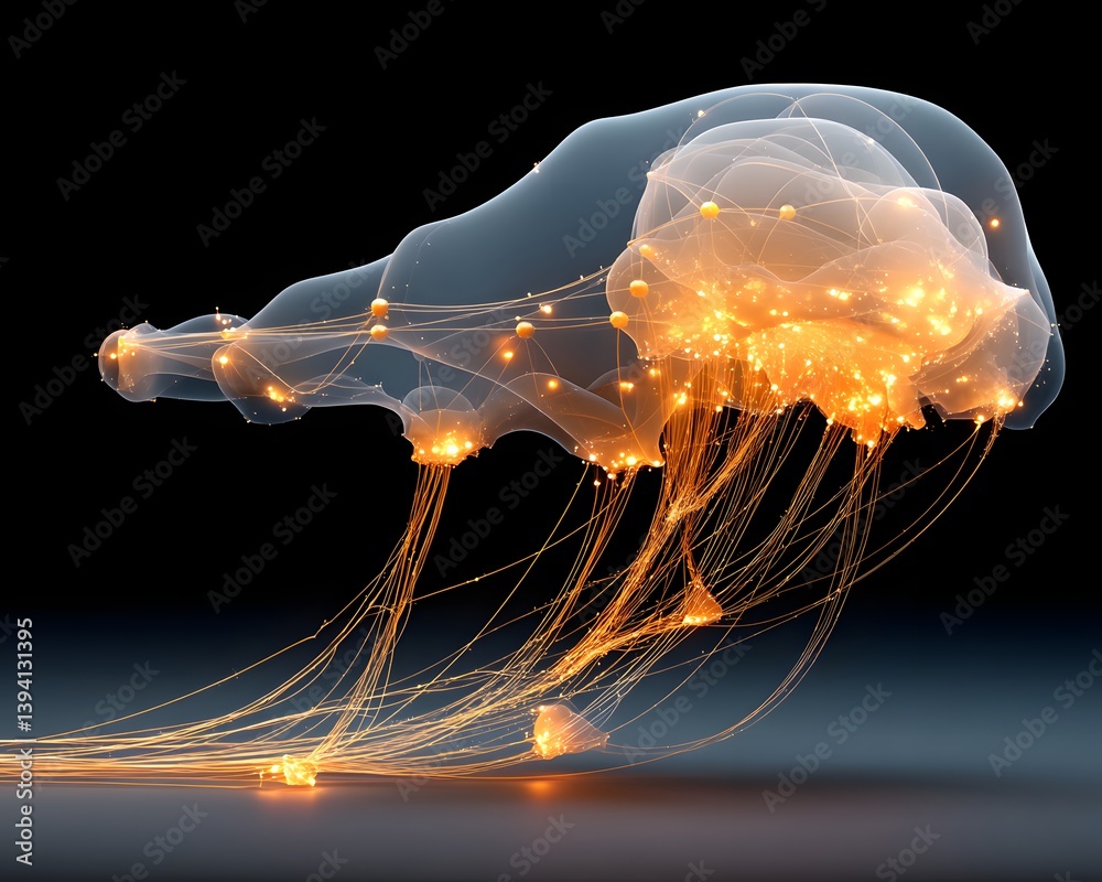 Poster modeling capabilities of a large language model, 3d abstract brain-like structure formed by intercon