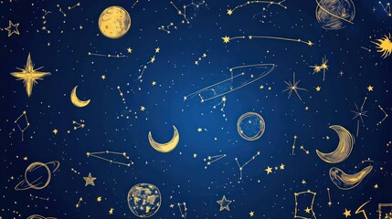 Fototapeta premium Golden Space Drawings on Dark Blue Background