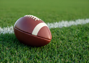 Fototapeta premium American Football Resting on Sideline Grass, Generative AI