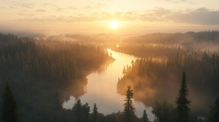 Misty Sunrise Over Forest Lake