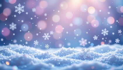 Fototapeta premium Glistening snowflakes twinkling against an icy blue and lavender background.