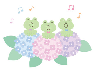 アジサイと歌うかわいいカエルのベクターイラスト。カエルの合唱、梅雨