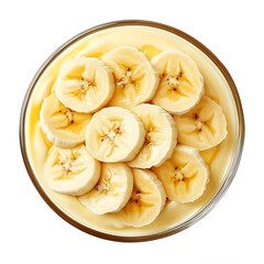 Smooth and creamy banana pudding with a rich, velvety texture and sliced bananas on top, isolated white background