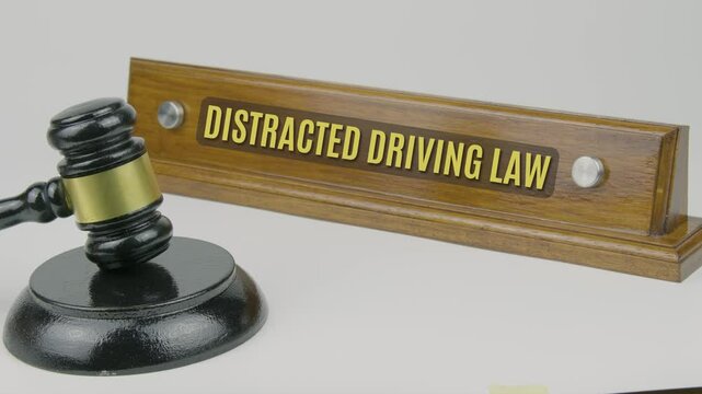 "Distracted driving law" text on a nameplate beside a gavel, symbolizing the legal regulations aimed at preventing drivers from engaging in activities that distract them from operating a vehicle