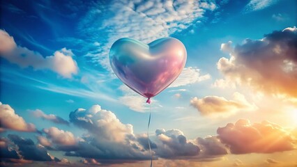 Fototapeta premium A Delicate HeartShaped Balloon Ascends into a Dreamy Pastel Sky Surreal Imagery Captures a Moment of Whimsical Beauty