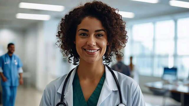 Smiling Doctor in Hospital: A radiant, professional female doctor stands confidently in a hospital setting, exuding warmth and care, ready to serve patients and bring peace of mind.