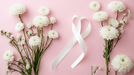 Obraz premium White Ribbon Adorned with White Chrysanthemums on Soft Pink Surface Top View