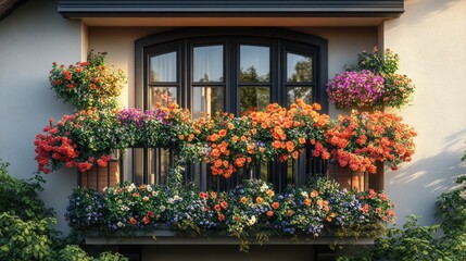 Fototapeta premium Charming window box displays vibrant flowers on an elegant architectural facade