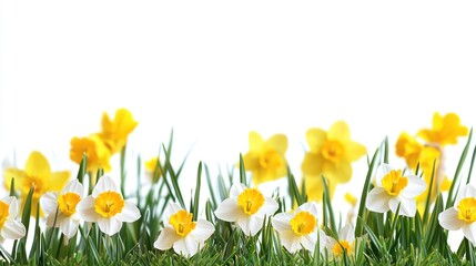 Obraz premium Bright Daffodils and Tulips Blooming in a Lush Green Field on a Sunny Spring Day