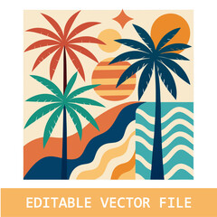 abstract boho palm tree tropical art set. retro groovy wavy summer palms. vector square tropical icons in hand drawn style for logo, print, poster, social media © Design Deck