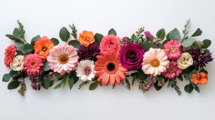 Floral Arrangement of Vibrant Gerbera Roses and Greenery on White Surface for Celebratory Events