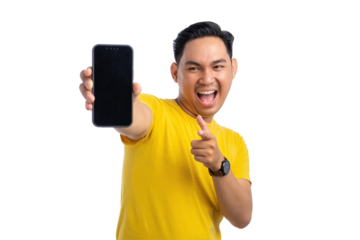 Happy young Asian man showing smartphone screen and pointing at the camera isolated on transparent background