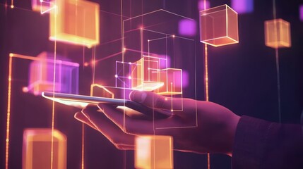 Hand holding tablet, virtual data cubes