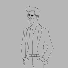 Business illustration of a businessman in formal suit standing with his hands in his pocket