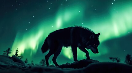 Wolf Silhouetted, Aurora Borealis, Snowy Landscape