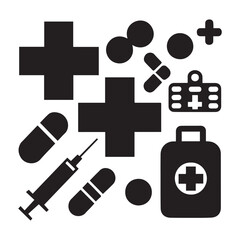 icon silhouette of Medical Symbols – Crosses, band-aids, syringes, pills, or first aid kits isolated on white background.