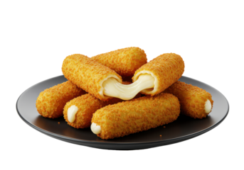 Golden, crispy cheese sticks on a black plate, showcasing melted cheese stretch