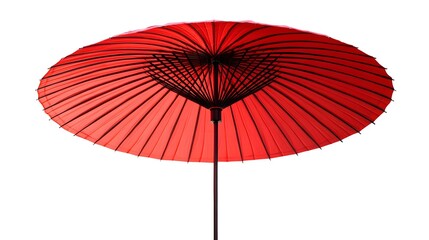 Vibrant Red Parasol with Black Ribs Against White Backdrop in Upward Angle View