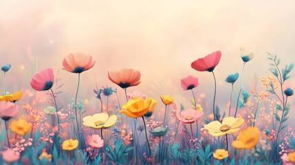 Obraz premium Pastel Poppies and Wildflowers in a Sunny Field Digital Art with Soft Lighting and Dreamy Aesthetic