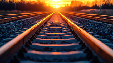 A stunning sunset casts a warm golden glow on parallel train tracks vanishing into the vibrant horizon offe a powerful image of journey and perspective.