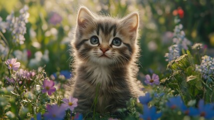 Striped Kitten with Blue Eyes Sitting in a Meadow with Purple and White Flowers