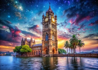 Fototapeta premium A Dreamlike Encounter with Mumbais Gothic Rajabai Clock Tower Surreal Architecture in the Heart of the City