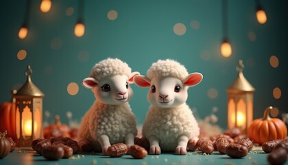 Obraz premium Two Cute Sheep with Arabic Lanterns. Happy Eid Al Adha Mubarak.