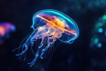 A luminous jellyfish gracefully floats in the dark ocean depths, its vibrant bell and tentacles glowing with bioluminescence.