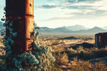 Rusty metal column with light blue plants, desert landscape background.