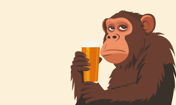 Cartoon Baboon Holding Cold Beer in Minimalist Flat Vector Style for Fun Designs