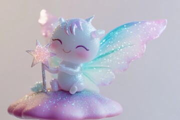 Fototapeta premium Adorable glitter fairy with wings, sitting on a mushroom, holding a star wand.