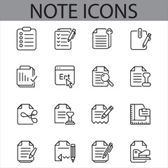 Icon Collection of 16 Notes and Document Designs – Checklists, Writing, and Stamp Symbols