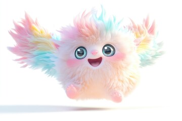 Obraz premium A cheerful, fluffy creature with rainbow wings joyfully leaps through the air.