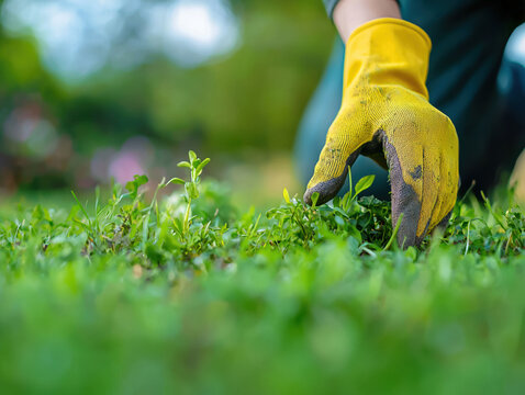 A close-up shot shows a gloved hand carefully weeding a vibrant green lawn on a sunny day outdoors in a garden setting.