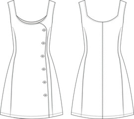 sleeveless strappy strapped shoulder straps u neck scoop neck buttoned princess darted a line mini short dress template technical drawing flat sketch cad mockup fashion woman design style model 

