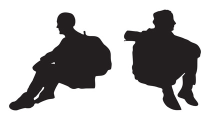 Set of black silhouettes of people travelers sitting on the ground with backpacks. Concept of adventure and travel. Flat vector illustrations isolated on transparent background
