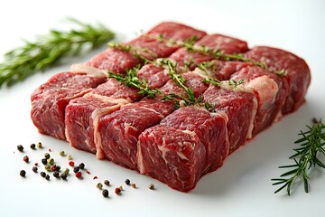 Fototapeta premium Fresh Raw Beef Cubes on a White Surface with Rosemary and Colorful Peppercorns