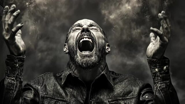 Exalted man expressing deep emotion in a powerful display of shout and intensity, Exalted man shouting
