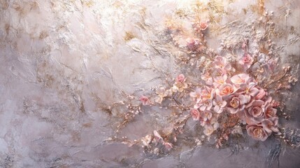 Pink Roses and Floral Plaster Texture Background in Beige and Golden Tones