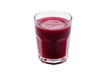 Freshly poured vibrant beetroot juice in a clear glass, isolated on white background