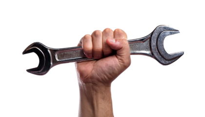 A clenched fist holding a wrench, symbol of workers' rights, isolated on transparent background.