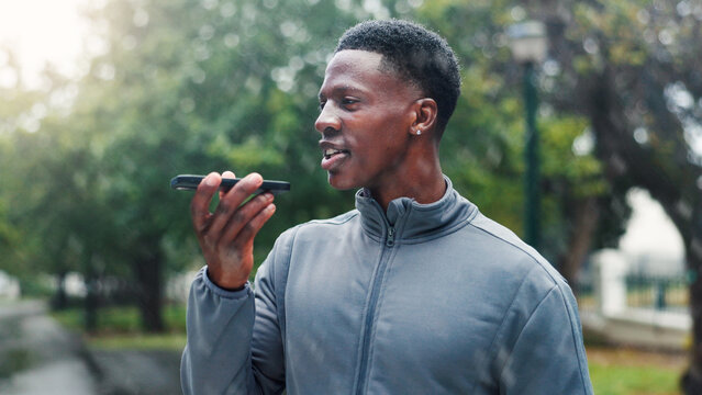 Runner, phone and speaker with black man in park for fitness tracking app, workout timer and reminder. Record, health instruction and voice memo with person in nature for mobile, training or schedule