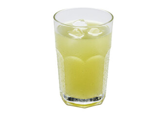 Refreshing glass of citrus drink with ice cubes on a clean background