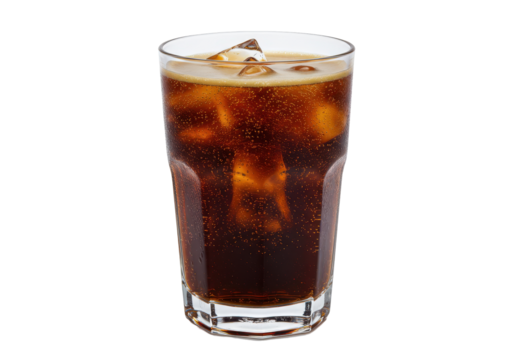 Refreshing glass of cola with ice cubes, served in a clear glass, isolated