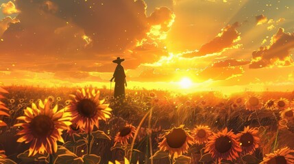 A serene sunset over a sunflower field, with a figure silhouetted against the glowing sky.