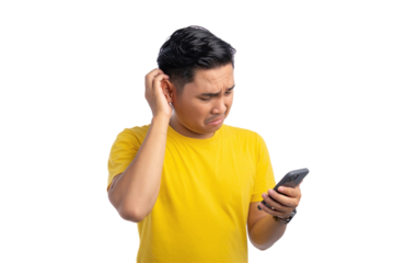 Handsome young Asian man holding mobile phone and scratching his head, confused about something isolated on transparent background